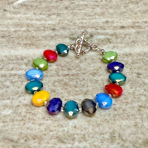 Artisan Jewelry - Multicolor Electroplated Flat Oval Glass Beaded Bracelet